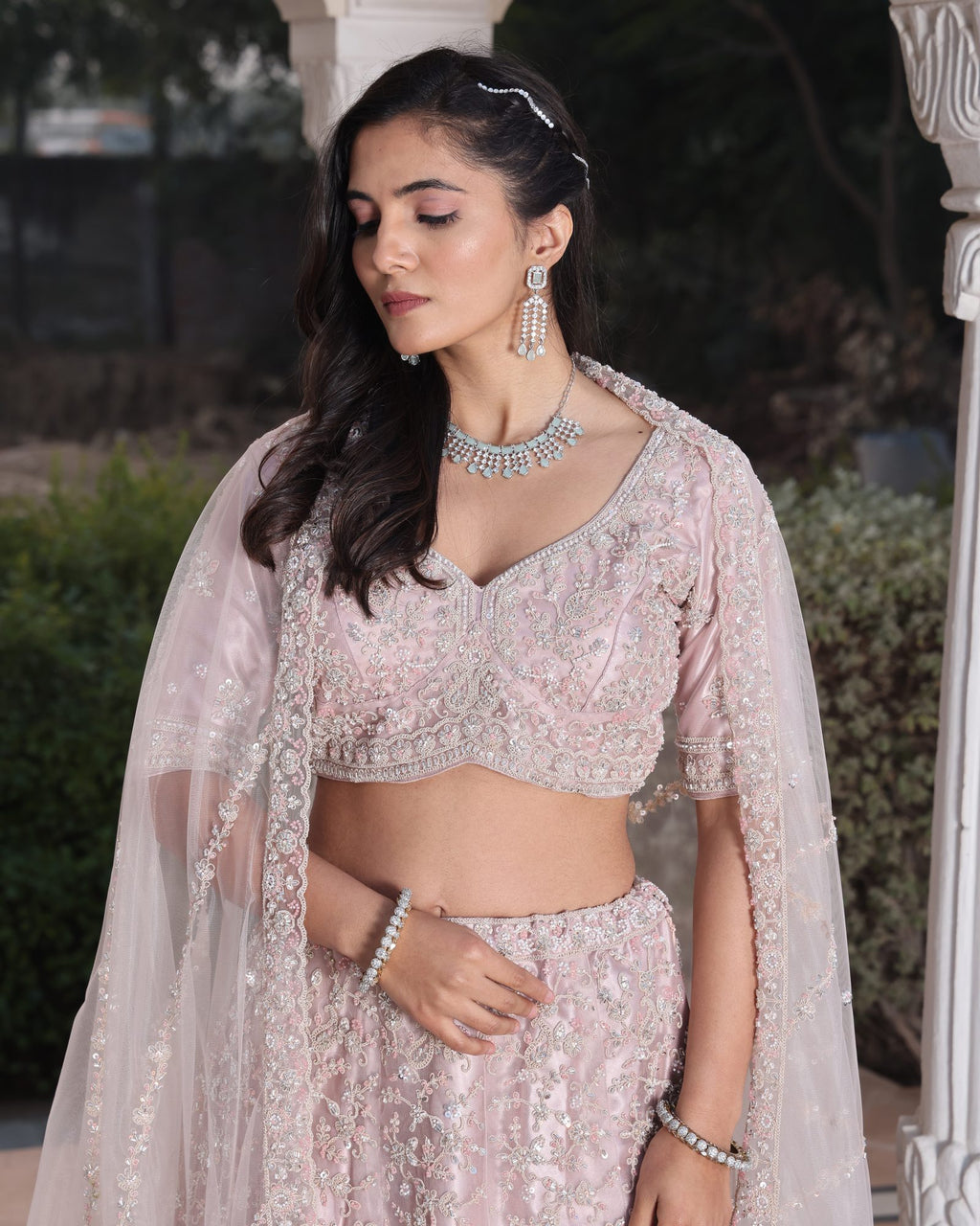 Wedding Wear Embroidered Blush Pink Semi-sticth Bridel Net Lehenga Choli with Sheer Dupatta