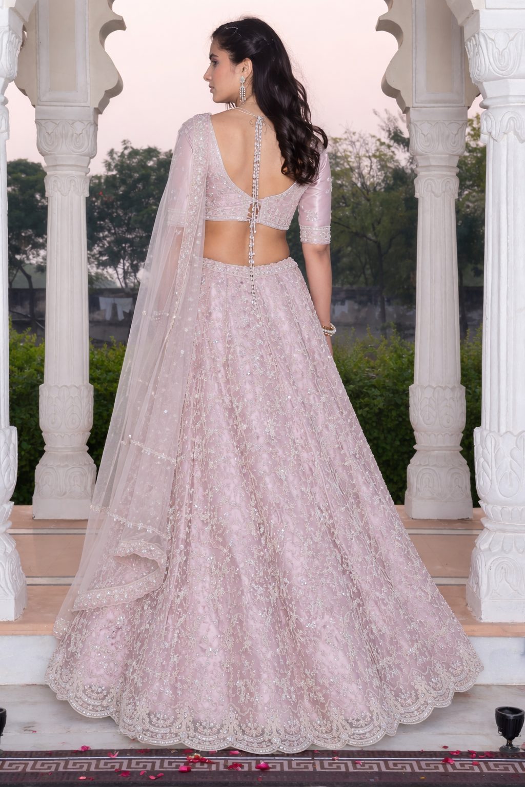 Wedding Wear Embroidered Blush Pink Semi-sticth Bridel Net Lehenga Choli with Sheer Dupatta