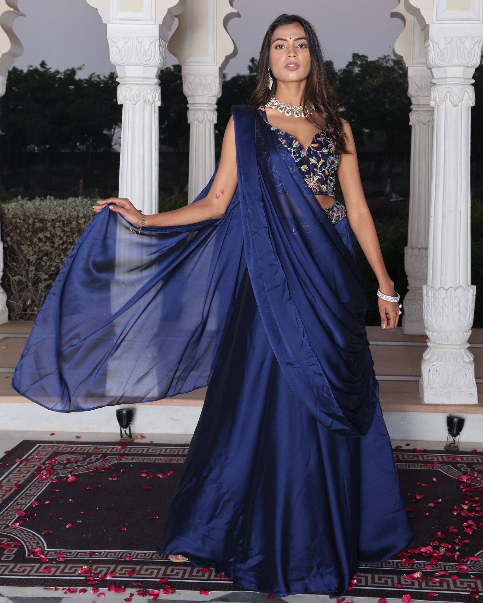 Festive & Reception Wear Semi-Stitched Navy Blue Mono Silk Lehenga with Floral Embroidered Sweetheart Blouse
