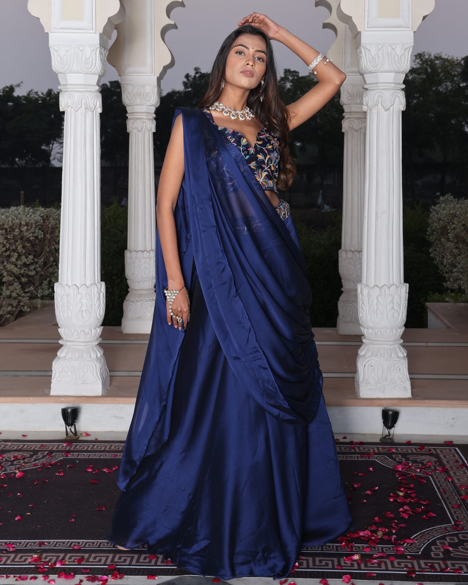 Festive & Reception Wear Semi-Stitched Navy Blue Mono Silk Lehenga with Floral Embroidered Sweetheart Blouse