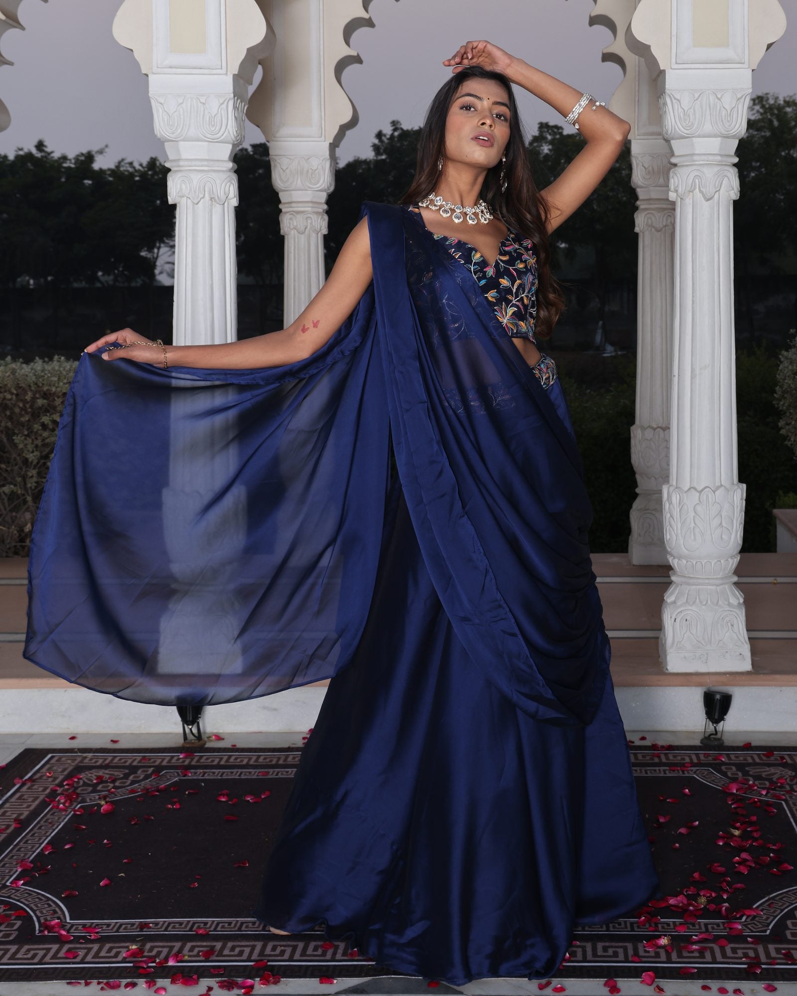 Festive & Reception Wear Semi-Stitched Navy Blue Mono Silk Lehenga with Floral Embroidered Sweetheart Blouse