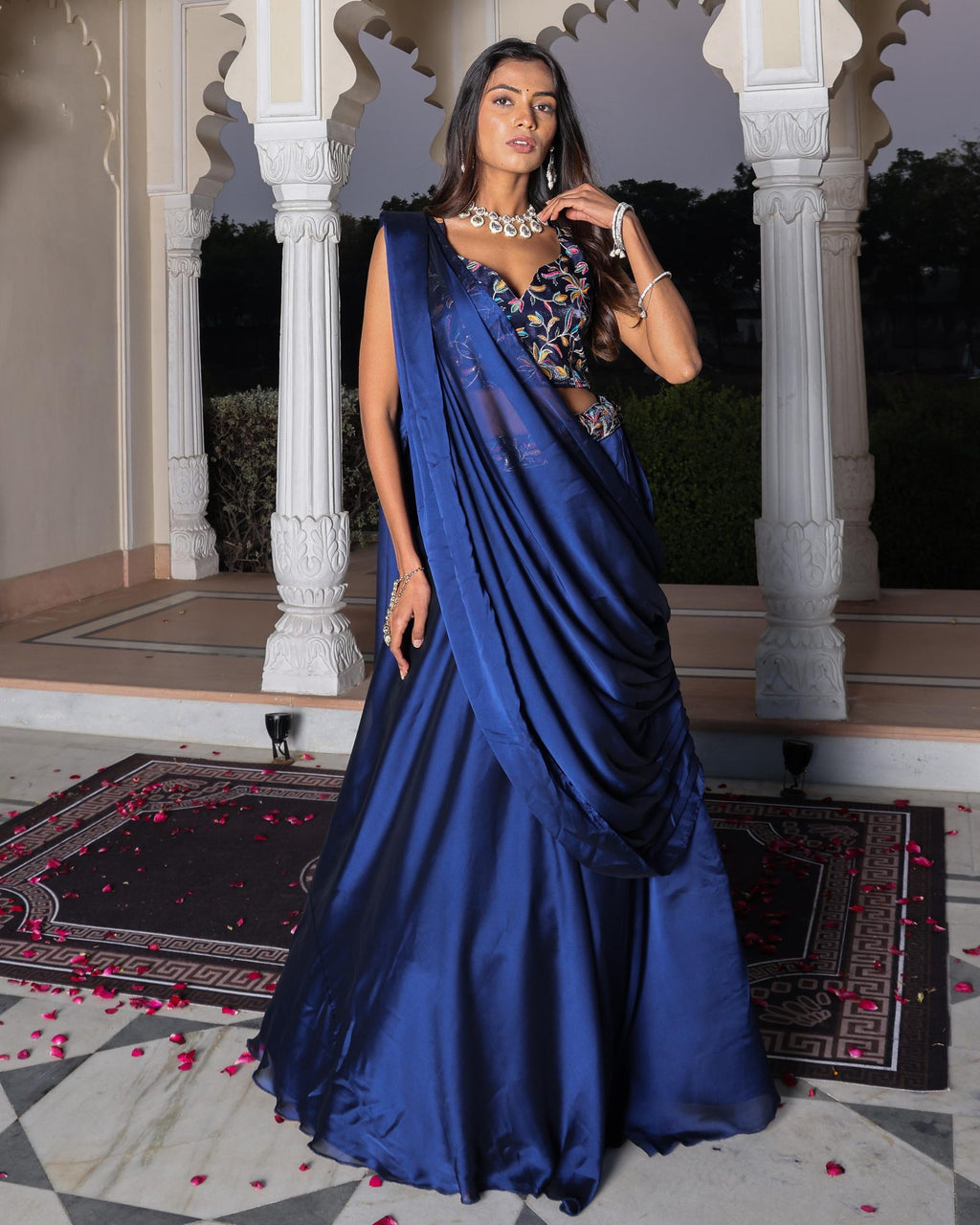 Festive & Reception Wear Semi-Stitched Navy Blue Mono Silk Lehenga with Floral Embroidered Sweetheart Blouse
