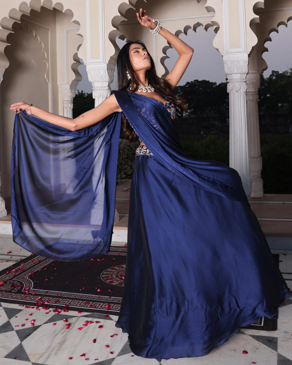 Festive & Reception Wear Semi-Stitched Navy Blue Mono Silk Lehenga with Floral Embroidered Sweetheart Blouse