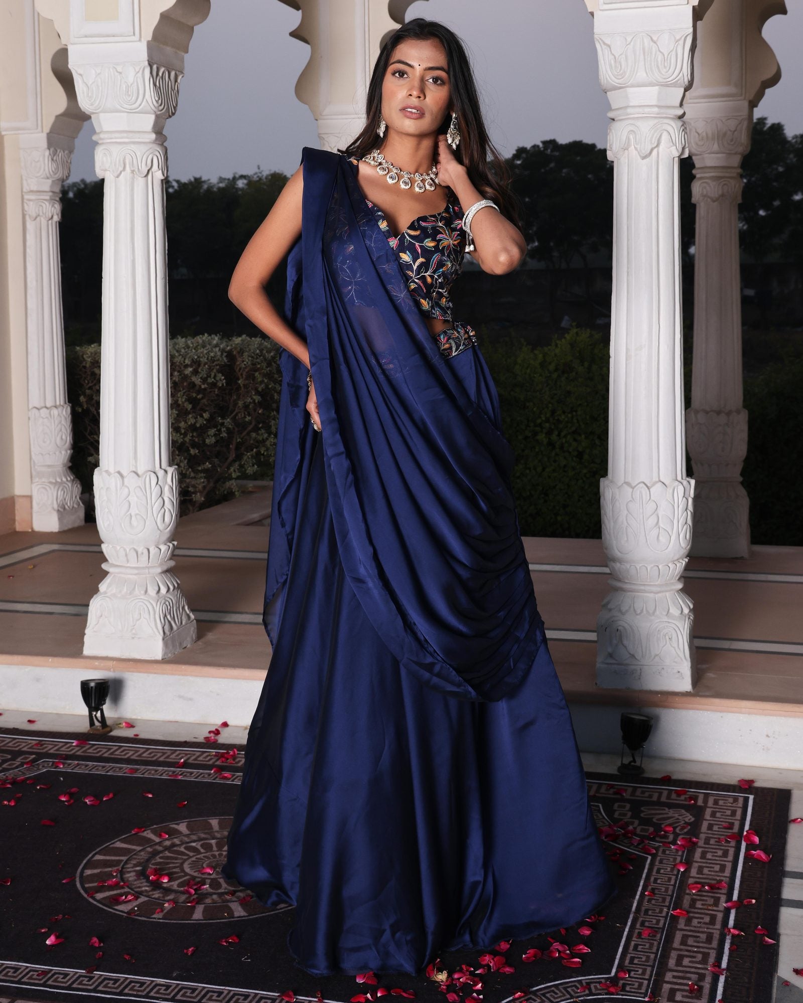 Festive & Reception Wear Semi-Stitched Navy Blue Mono Silk Lehenga with Floral Embroidered Sweetheart Blouse
