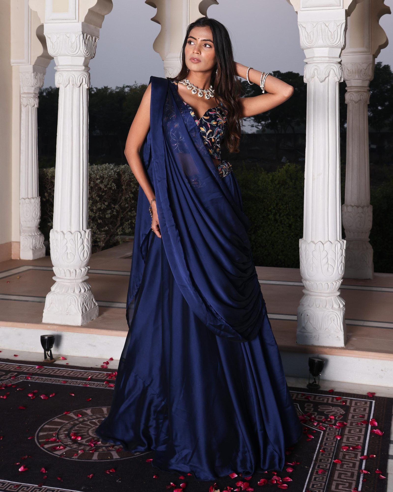 Festive & Reception Wear Semi-Stitched Navy Blue Mono Silk Lehenga with Floral Embroidered Sweetheart Blouse