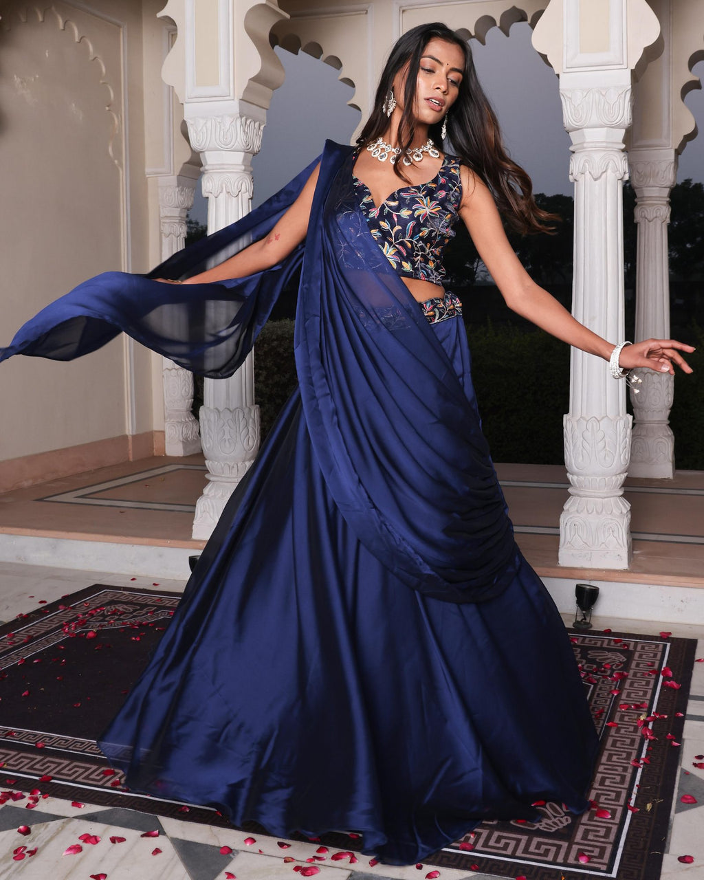 Festive & Reception Wear Semi-Stitched Navy Blue Mono Silk Lehenga with Floral Embroidered Sweetheart Blouse