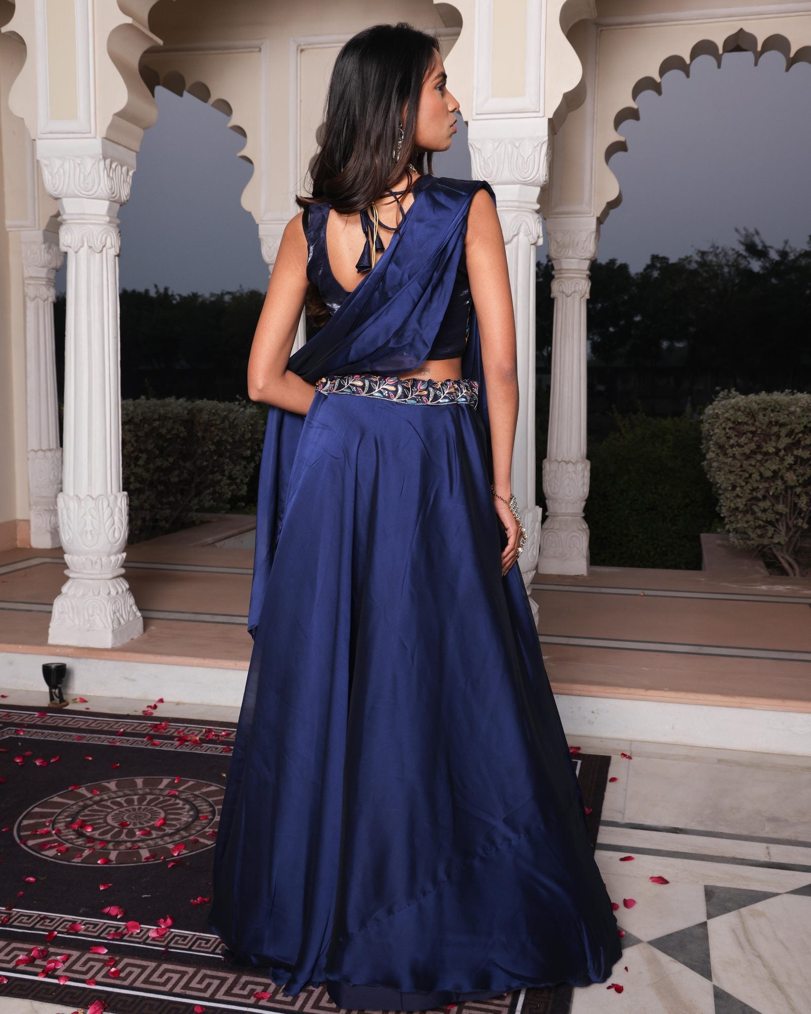 Festive & Reception Wear Semi-Stitched Navy Blue Mono Silk Lehenga with Floral Embroidered Sweetheart Blouse