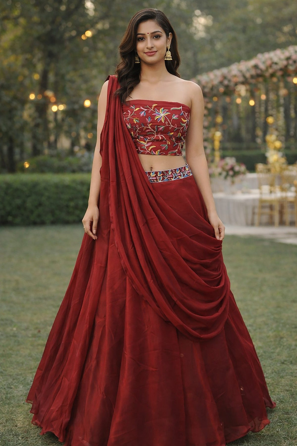 Festive & Reception Wear Semi-Stitched Navy Maroon Mono Silk Lehenga with Floral Embroidered Sweetheart Blouse