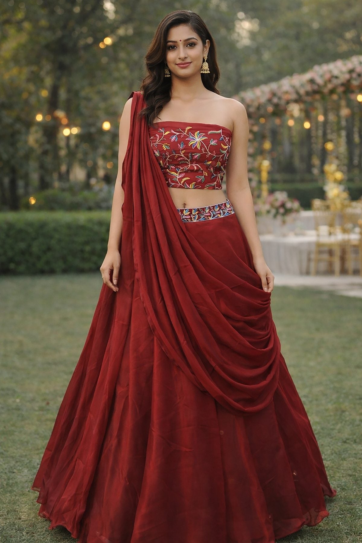 Festive & Reception Wear Semi-Stitched Navy Maroon Mono Silk Lehenga with Floral Embroidered Sweetheart Blouse