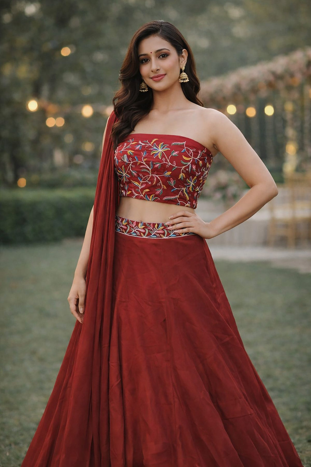 Festive & Reception Wear Semi-Stitched Navy Maroon Mono Silk Lehenga with Floral Embroidered Sweetheart Blouse