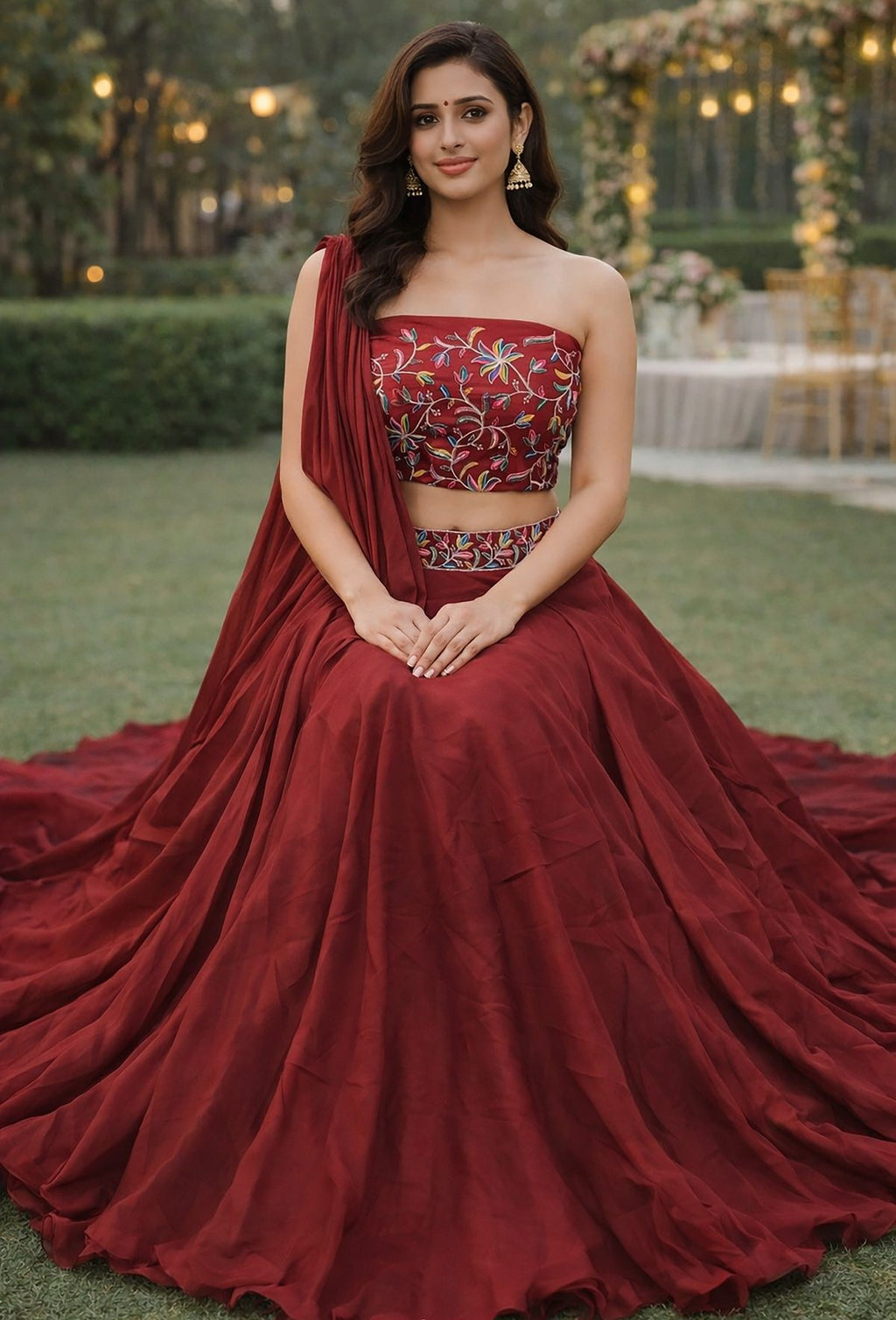 Festive & Reception Wear Semi-Stitched Navy Maroon Mono Silk Lehenga with Floral Embroidered Sweetheart Blouse