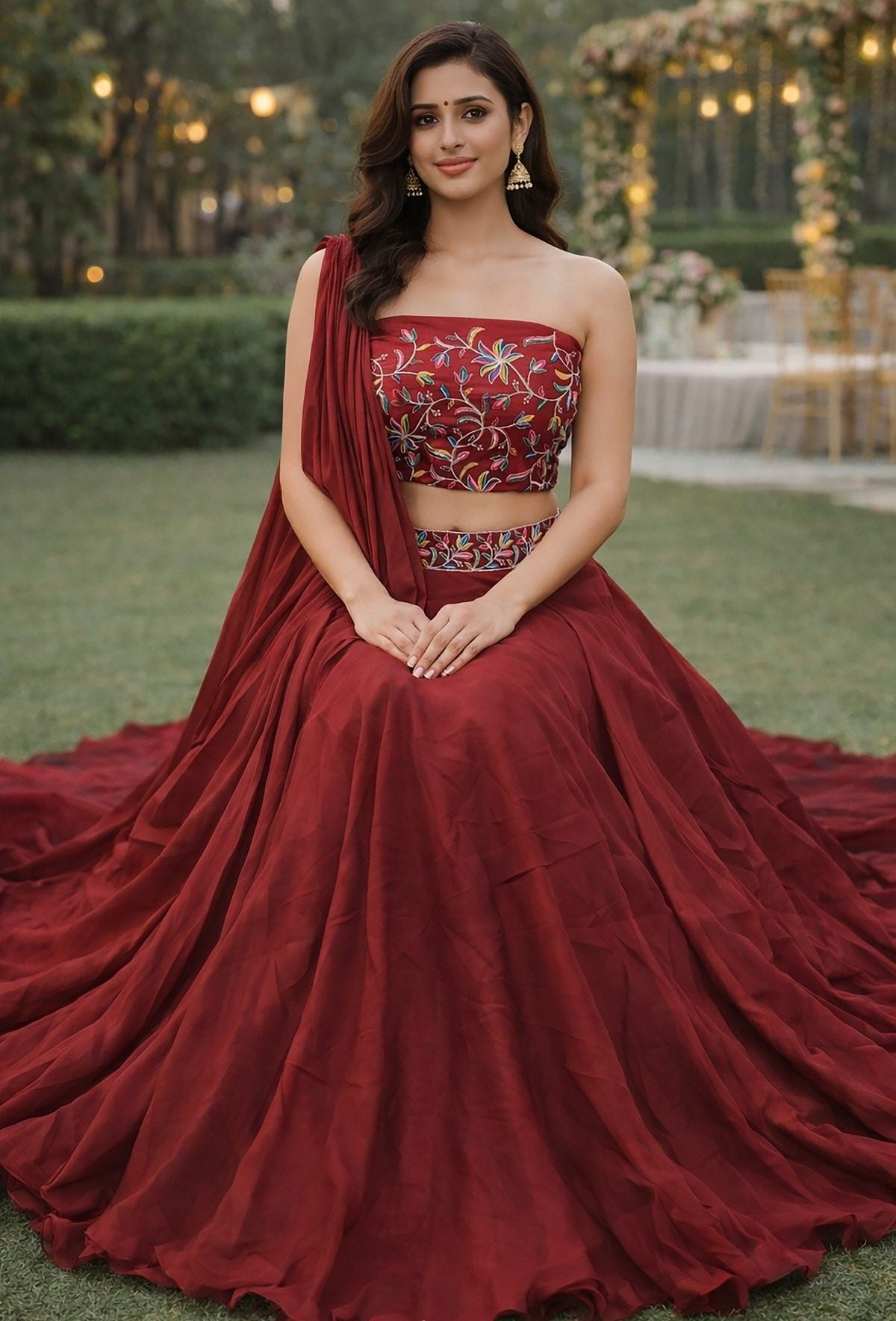 Festive & Reception Wear Semi-Stitched Navy Maroon Mono Silk Lehenga with Floral Embroidered Sweetheart Blouse
