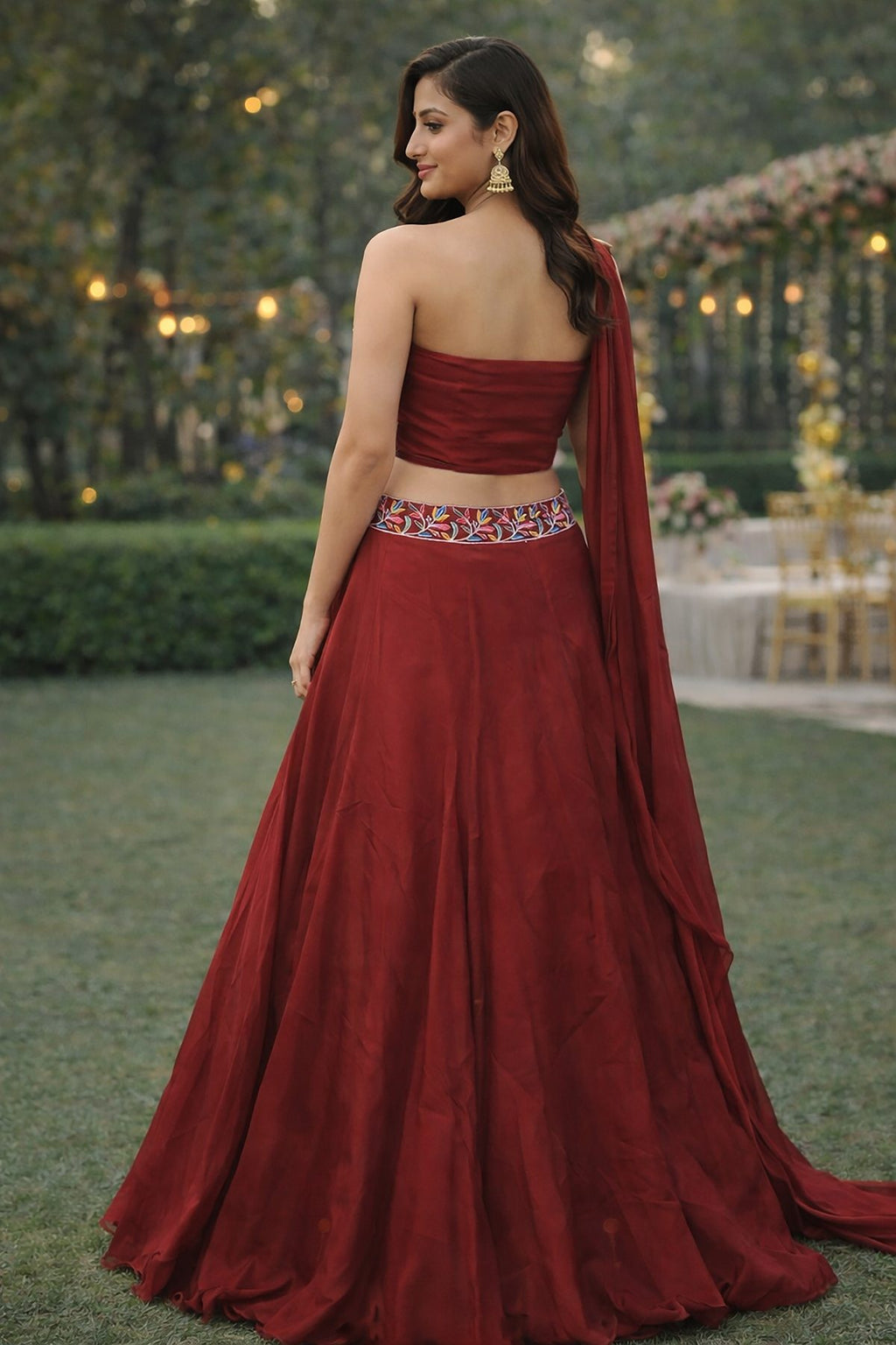 Festive & Reception Wear Semi-Stitched Navy Maroon Mono Silk Lehenga with Floral Embroidered Sweetheart Blouse