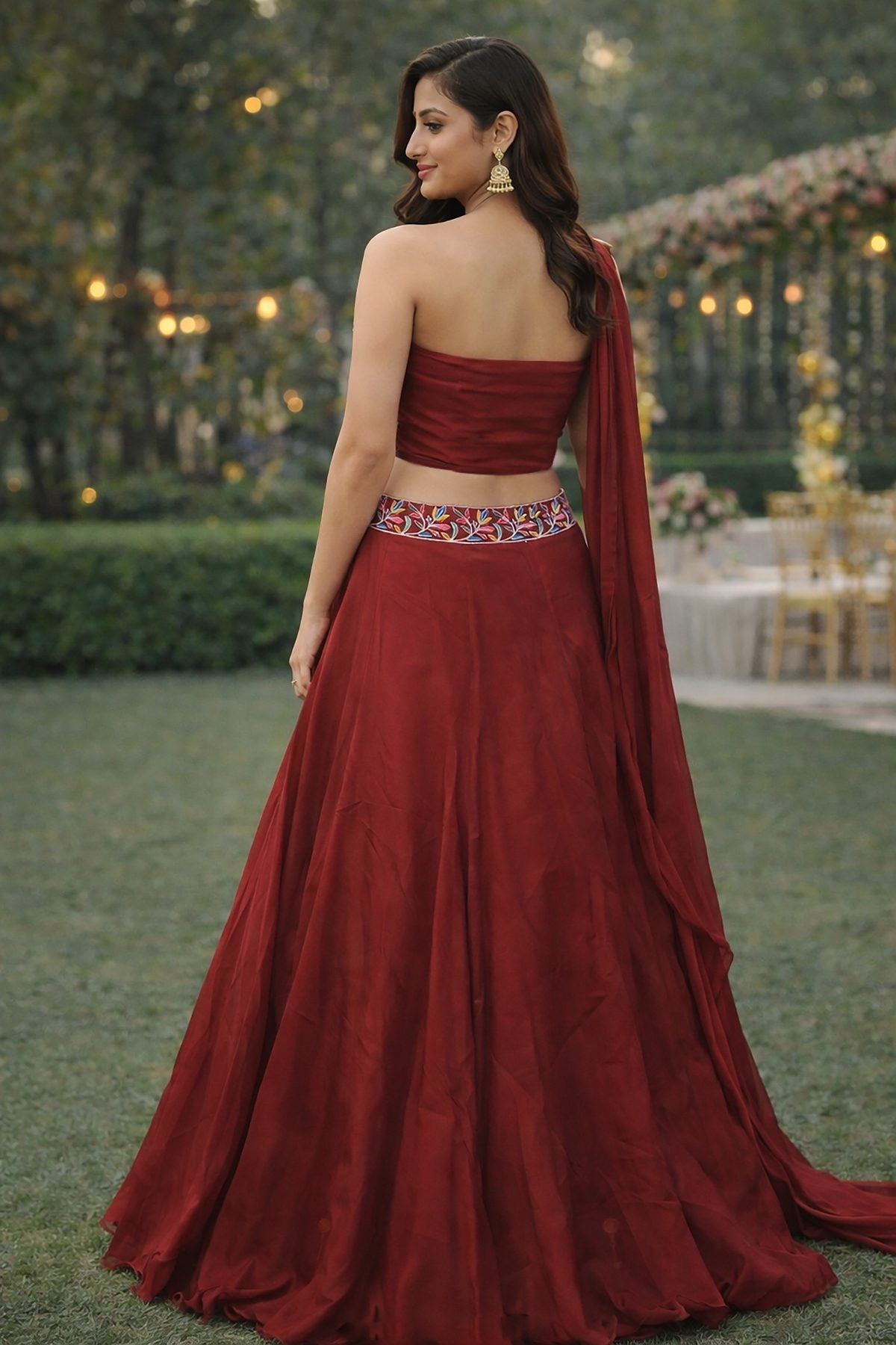 Festive & Reception Wear Semi-Stitched Navy Maroon Mono Silk Lehenga with Floral Embroidered Sweetheart Blouse