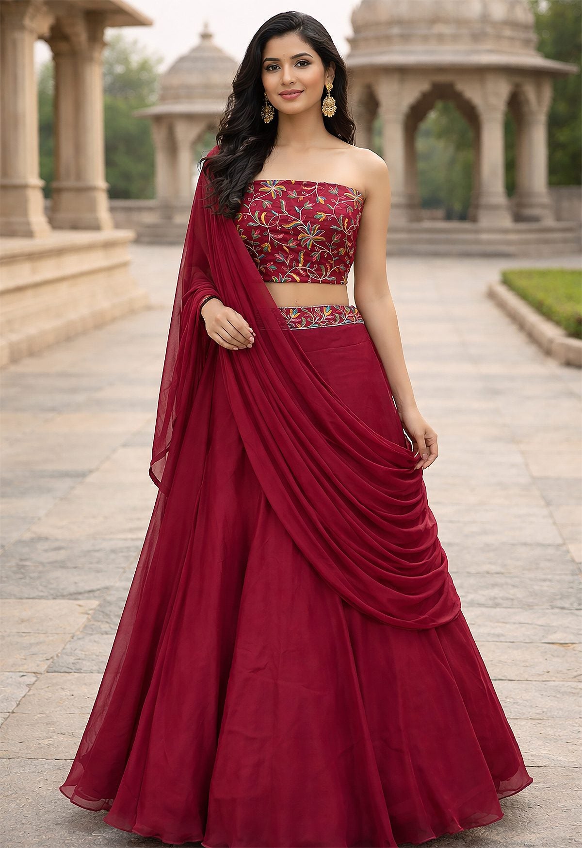 Festive & Reception Wear Semi-Stitched Navy pink Mono Silk Lehenga with Floral Embroidered Sweetheart Blouse