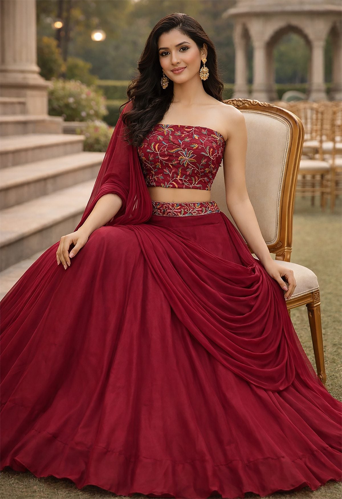 Festive & Reception Wear Semi-Stitched Navy pink Mono Silk Lehenga with Floral Embroidered Sweetheart Blouse
