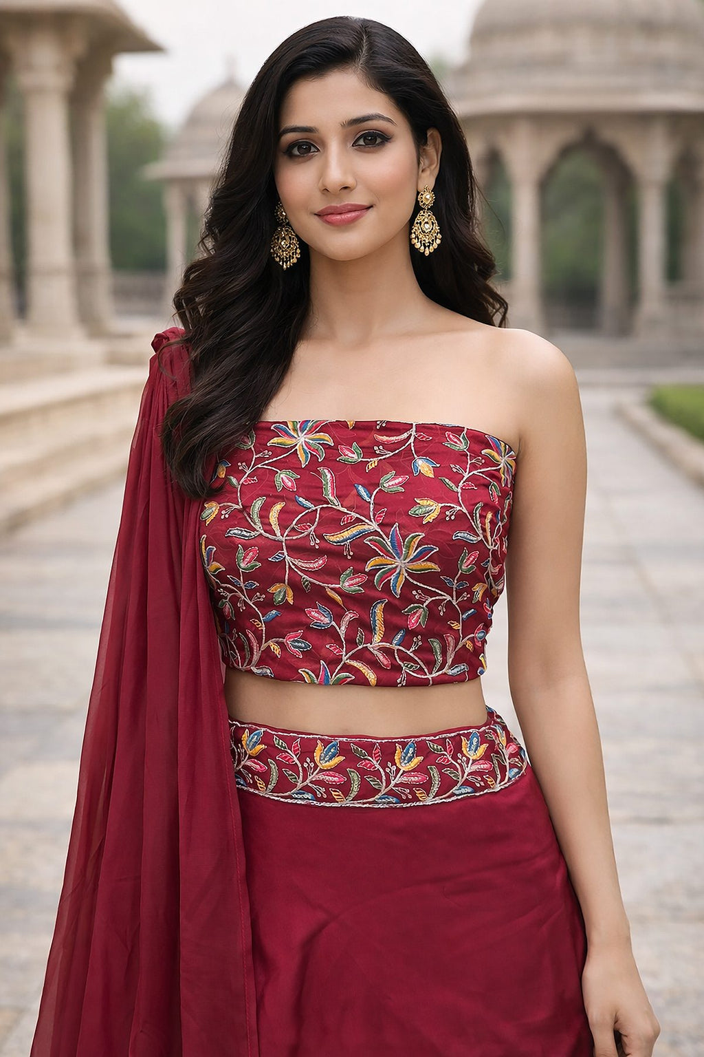 Festive & Reception Wear Semi-Stitched Navy pink Mono Silk Lehenga with Floral Embroidered Sweetheart Blouse