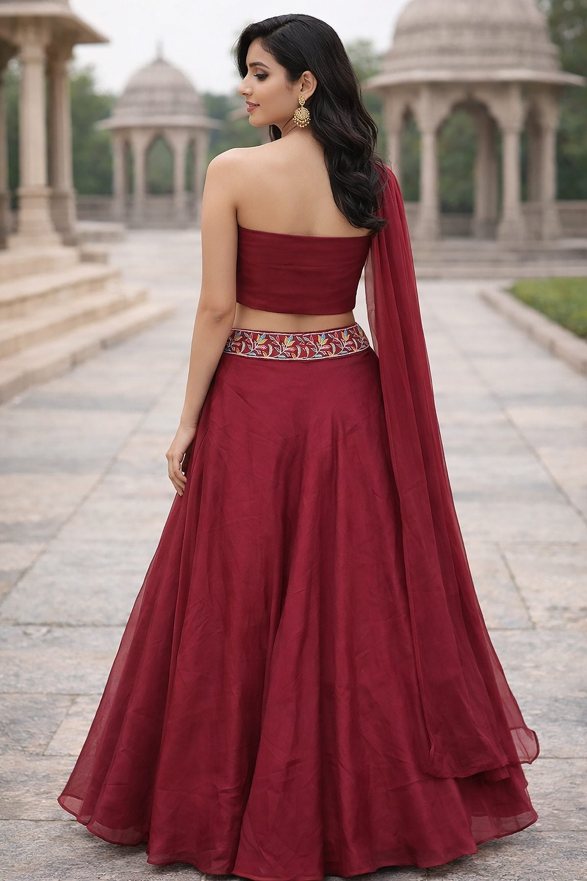 Festive & Reception Wear Semi-Stitched Navy pink Mono Silk Lehenga with Floral Embroidered Sweetheart Blouse