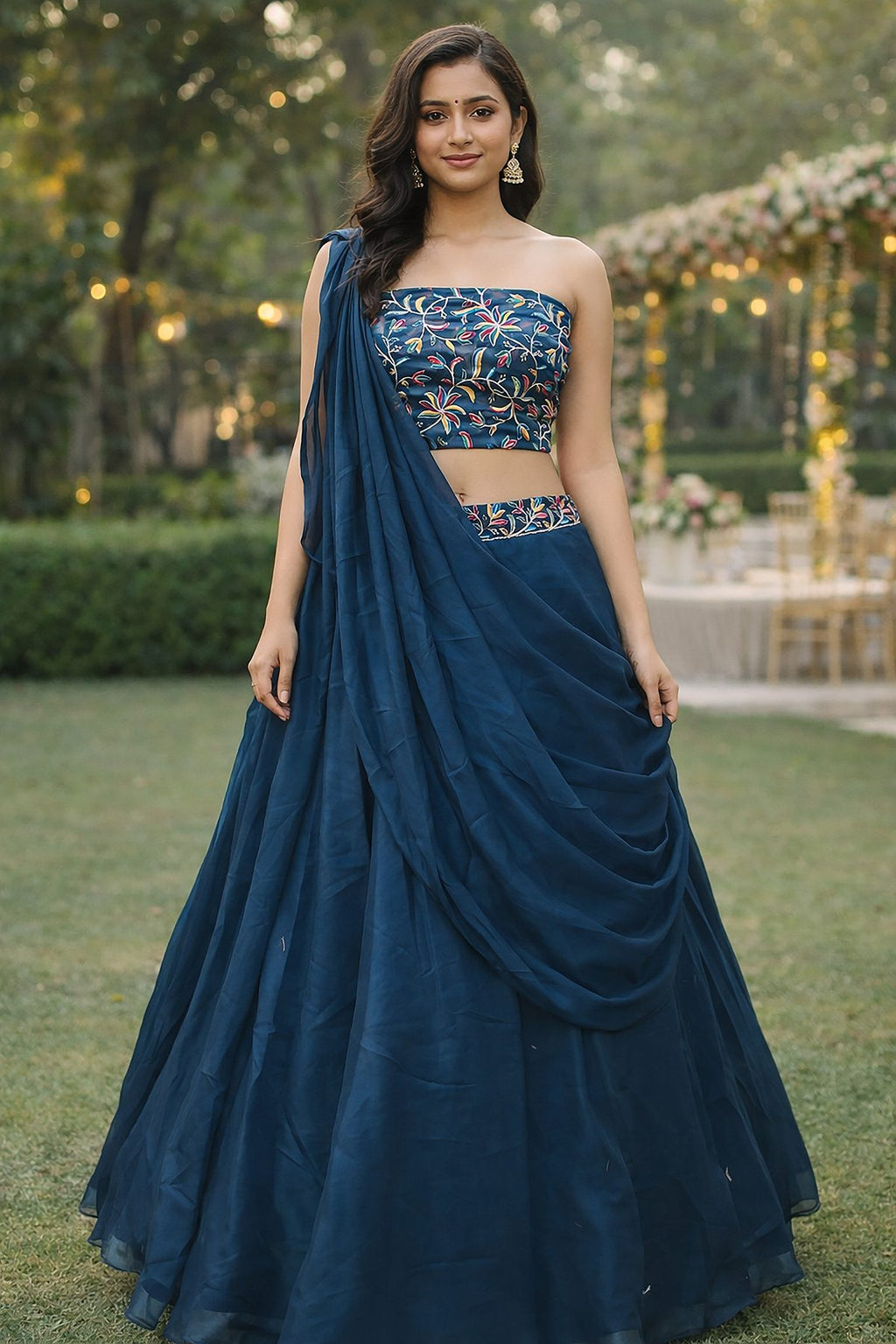 Festive & Reception Wear Semi-Stitched Navy Rama Mono Silk Lehenga with Floral Embroidered Sweetheart Blouse