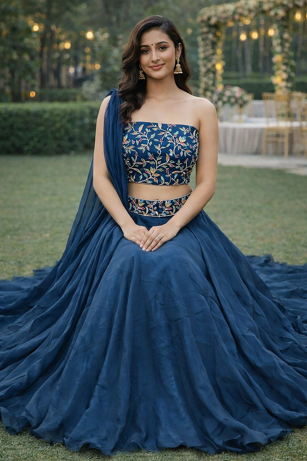 Festive & Reception Wear Semi-Stitched Navy Rama Mono Silk Lehenga with Floral Embroidered Sweetheart Blouse