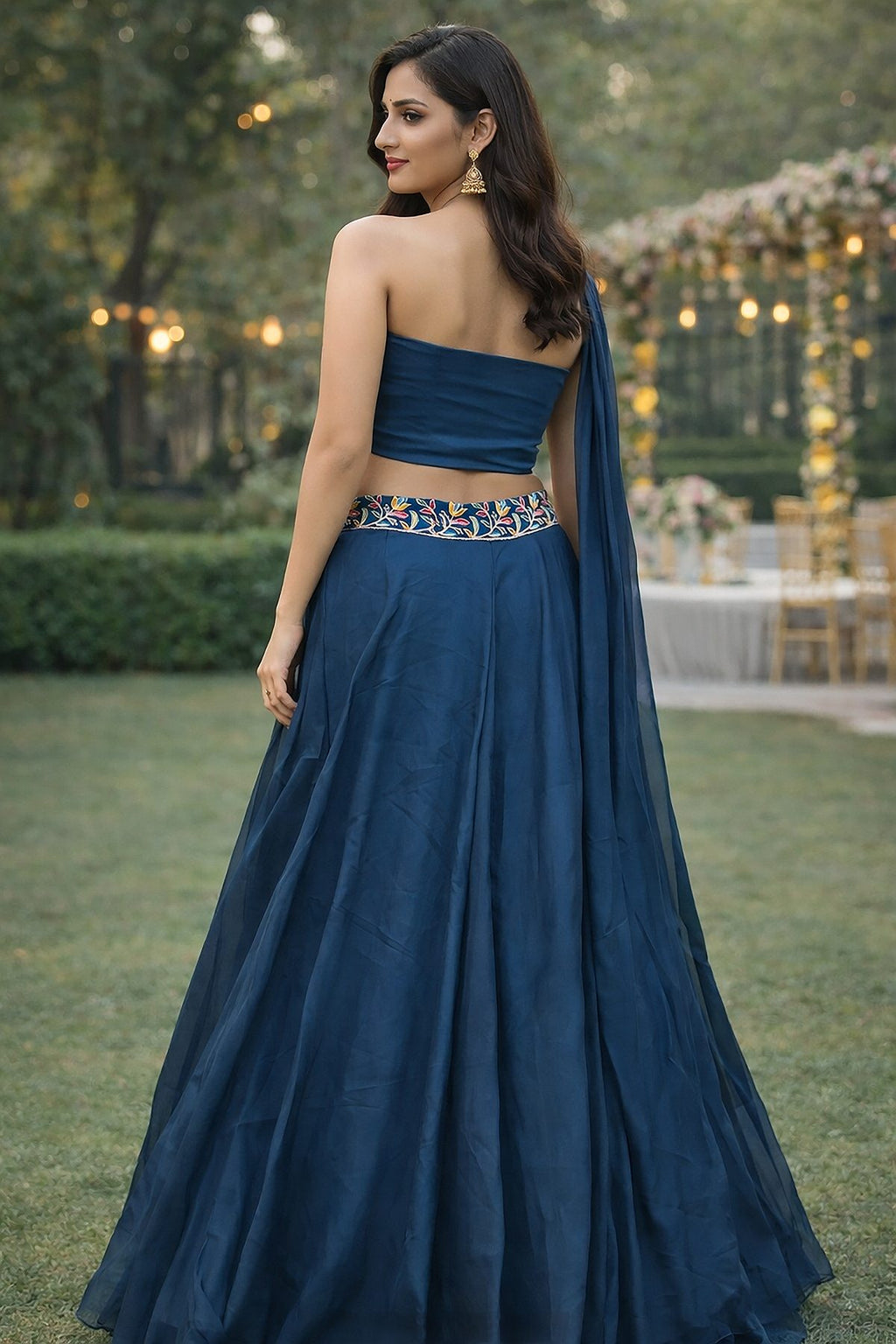 Festive & Reception Wear Semi-Stitched Navy Rama Mono Silk Lehenga with Floral Embroidered Sweetheart Blouse