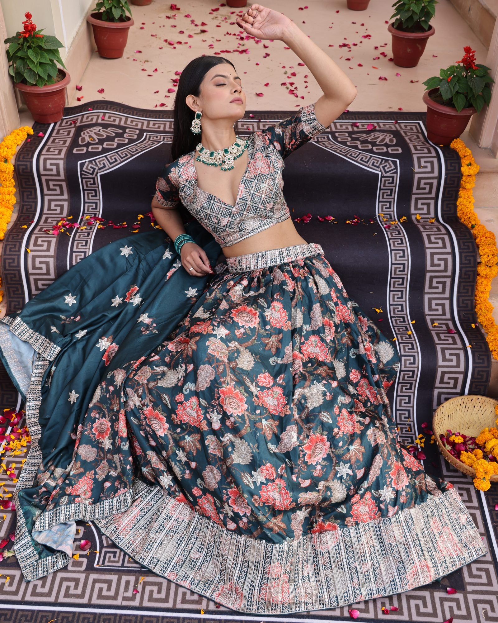Teal Green Floral Printed & Zari Embroidered Festive & Wedding Wear Semi-Stitched Chinon Lehenga Set