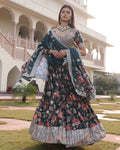 Teal Green Floral Printed & Zari Embroidered Festive & Wedding Wear Semi-Stitched Chinon Lehenga Set