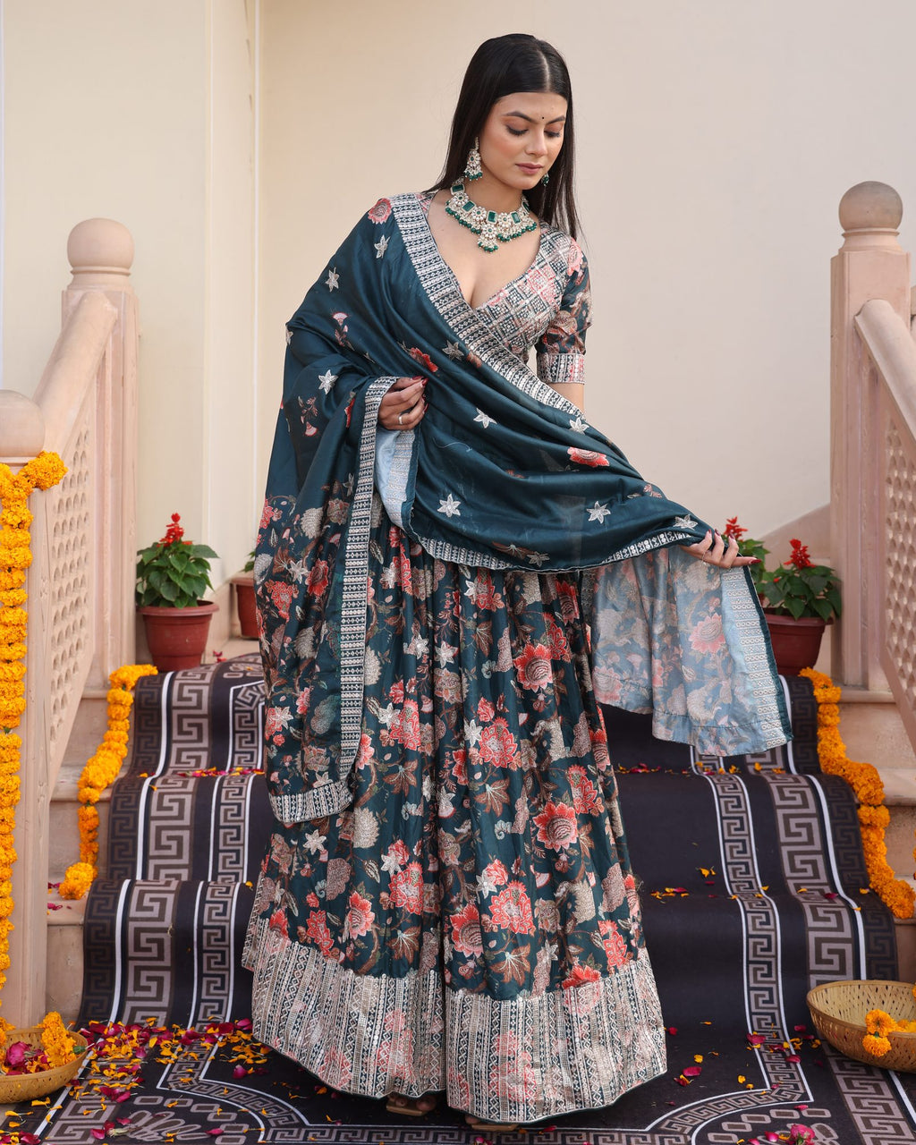 Teal Green Floral Printed & Zari Embroidered Festive & Wedding Wear Semi-Stitched Chinon Lehenga Set