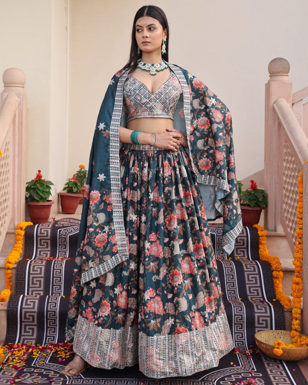 Teal Green Floral Printed & Zari Embroidered Festive & Wedding Wear Semi-Stitched Chinon Lehenga Set