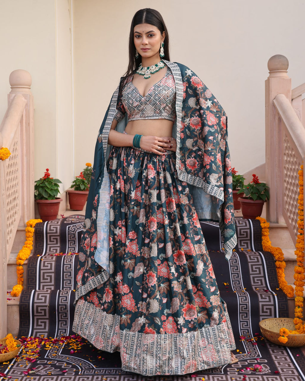 Teal Green Floral Printed & Zari Embroidered Festive & Wedding Wear Semi-Stitched Chinon Lehenga Set