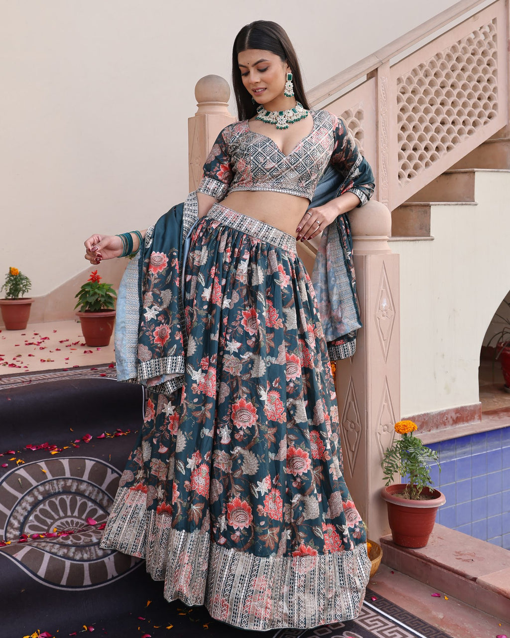 Teal Green Floral Printed & Zari Embroidered Festive & Wedding Wear Semi-Stitched Chinon Lehenga Set