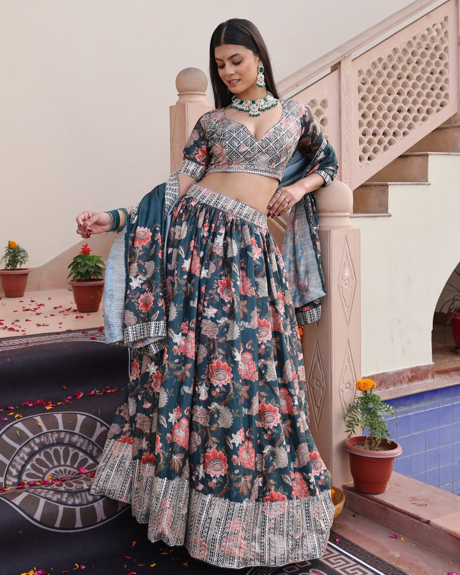 Teal Green Floral Printed & Zari Embroidered Festive & Wedding Wear Semi-Stitched Chinon Lehenga Set