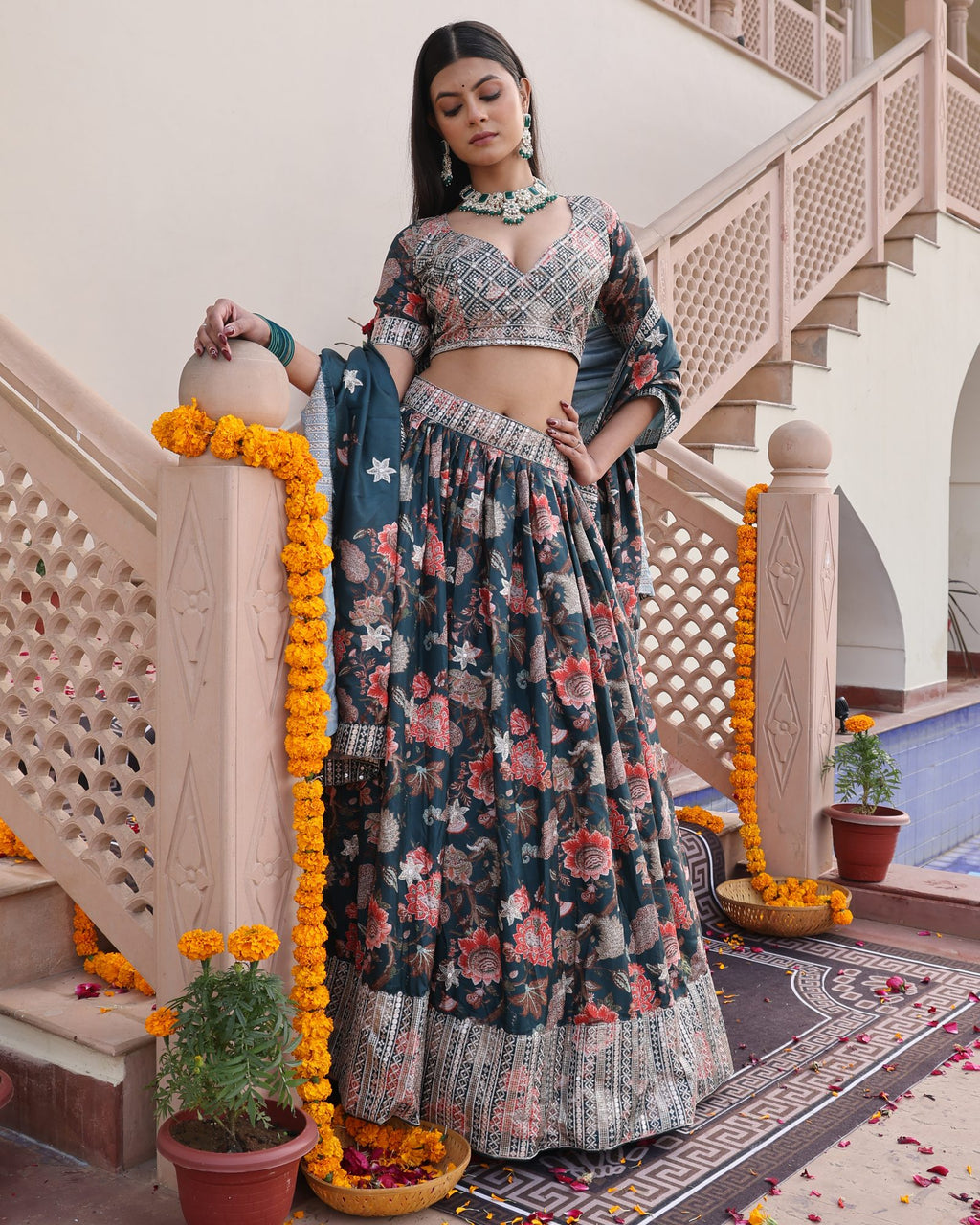 Teal Green Floral Printed & Zari Embroidered Festive & Wedding Wear Semi-Stitched Chinon Lehenga Set