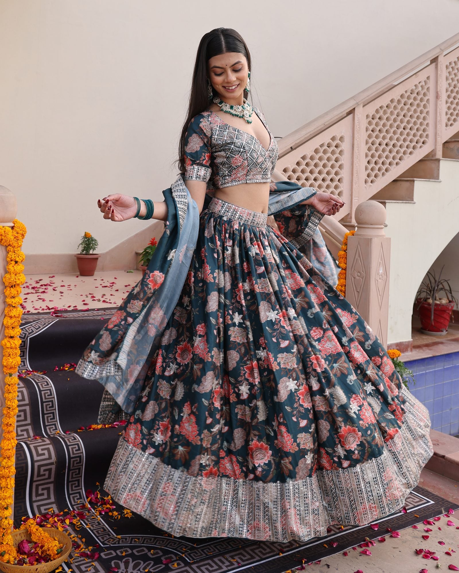 Teal Green Floral Printed & Zari Embroidered Festive & Wedding Wear Semi-Stitched Chinon Lehenga Set
