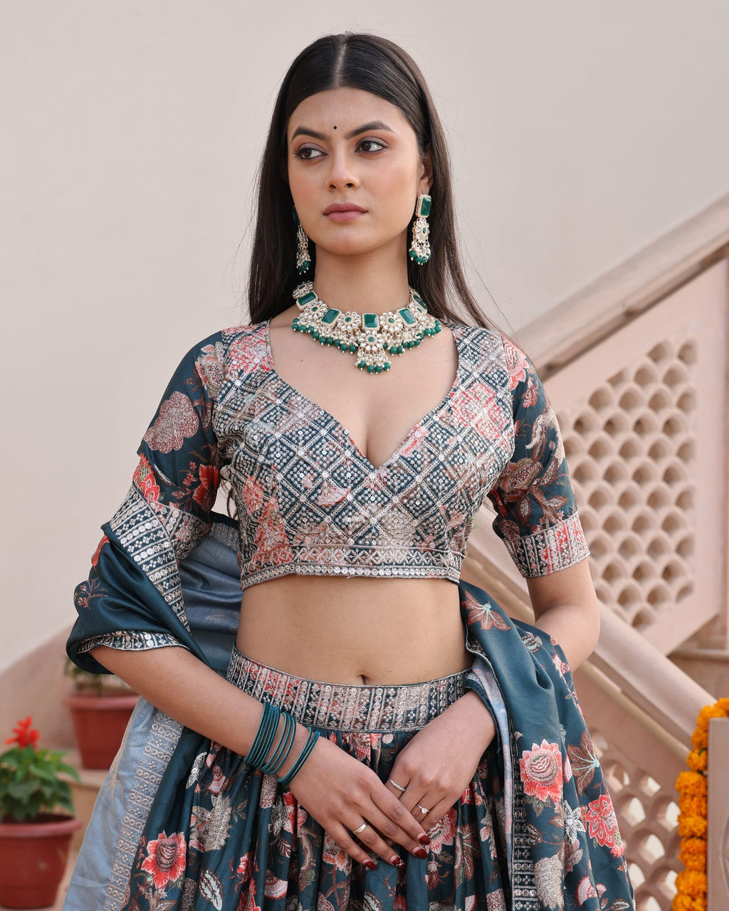 Teal Green Floral Printed & Zari Embroidered Festive & Wedding Wear Semi-Stitched Chinon Lehenga Set