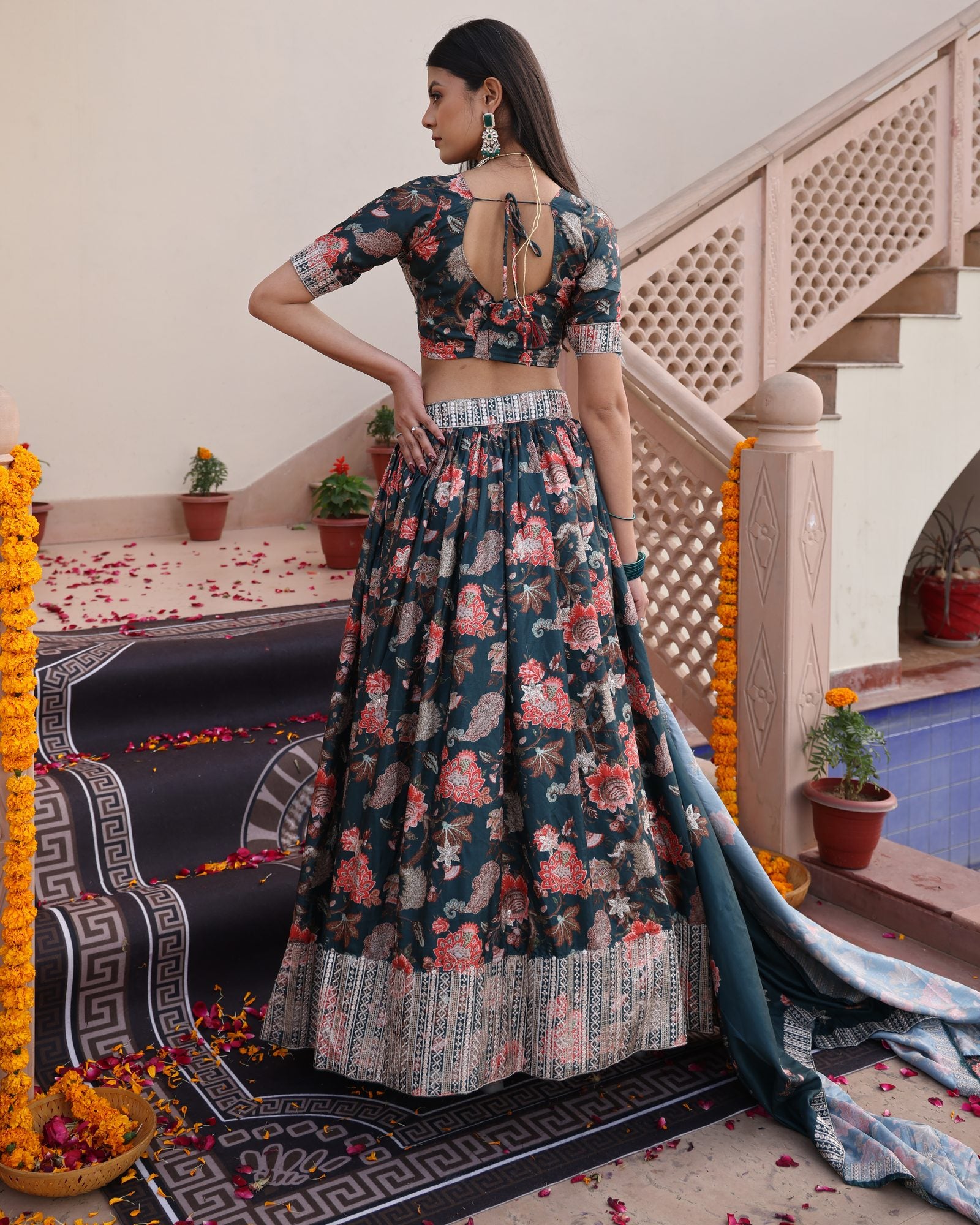 Teal Green Floral Printed & Zari Embroidered Festive & Wedding Wear Semi-Stitched Chinon Lehenga Set