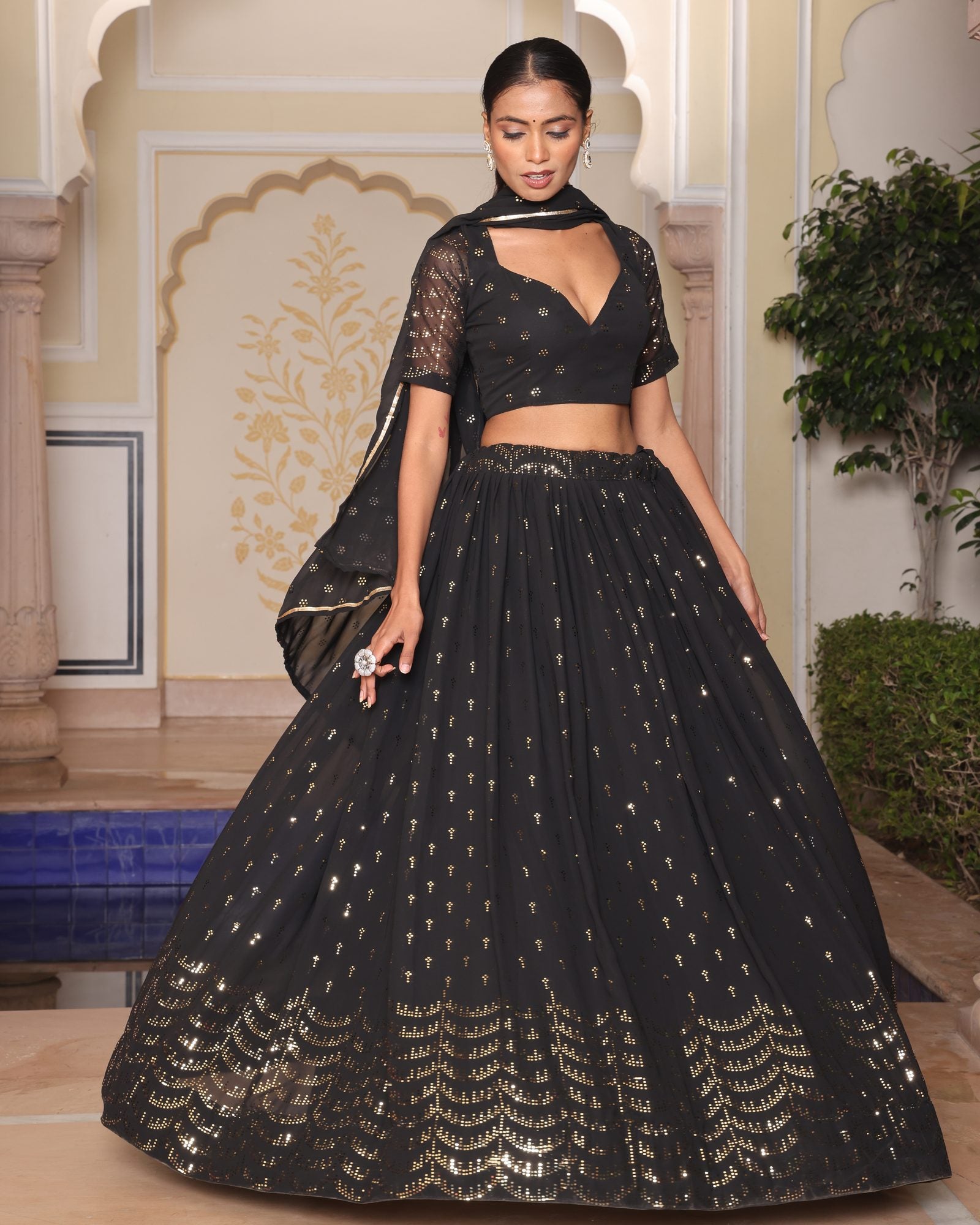 Black Foil Printed Festive Wear Semi-Stitched Georgette Lehenga Set