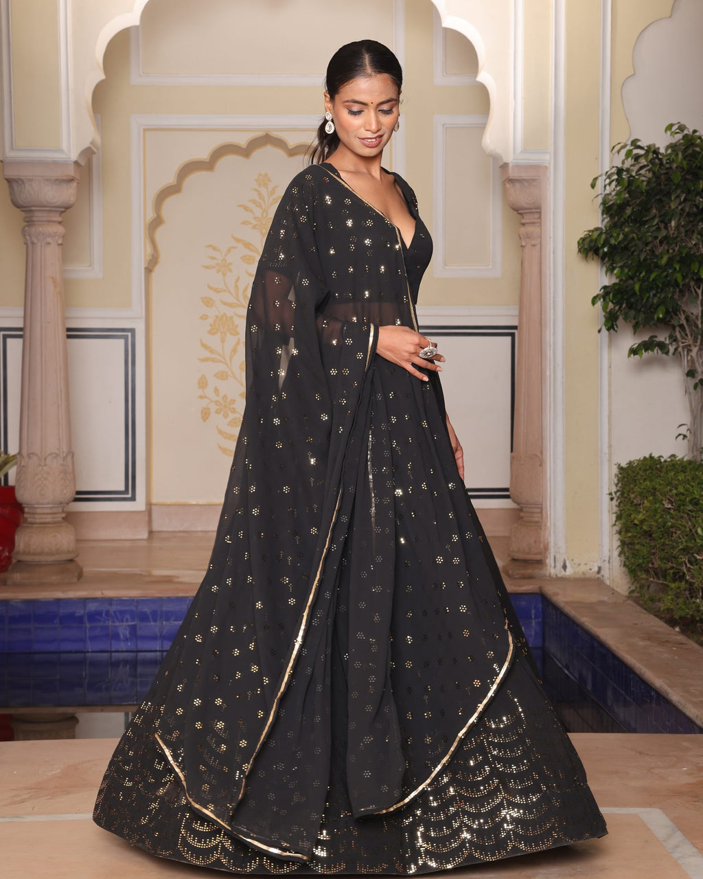 Black Foil Printed Festive Wear Semi-Stitched Georgette Lehenga Set