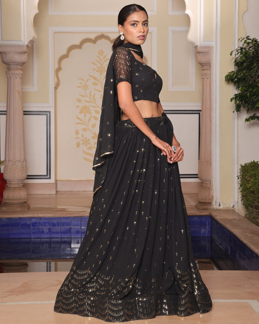 Black Foil Printed Festive Wear Semi-Stitched Georgette Lehenga Set