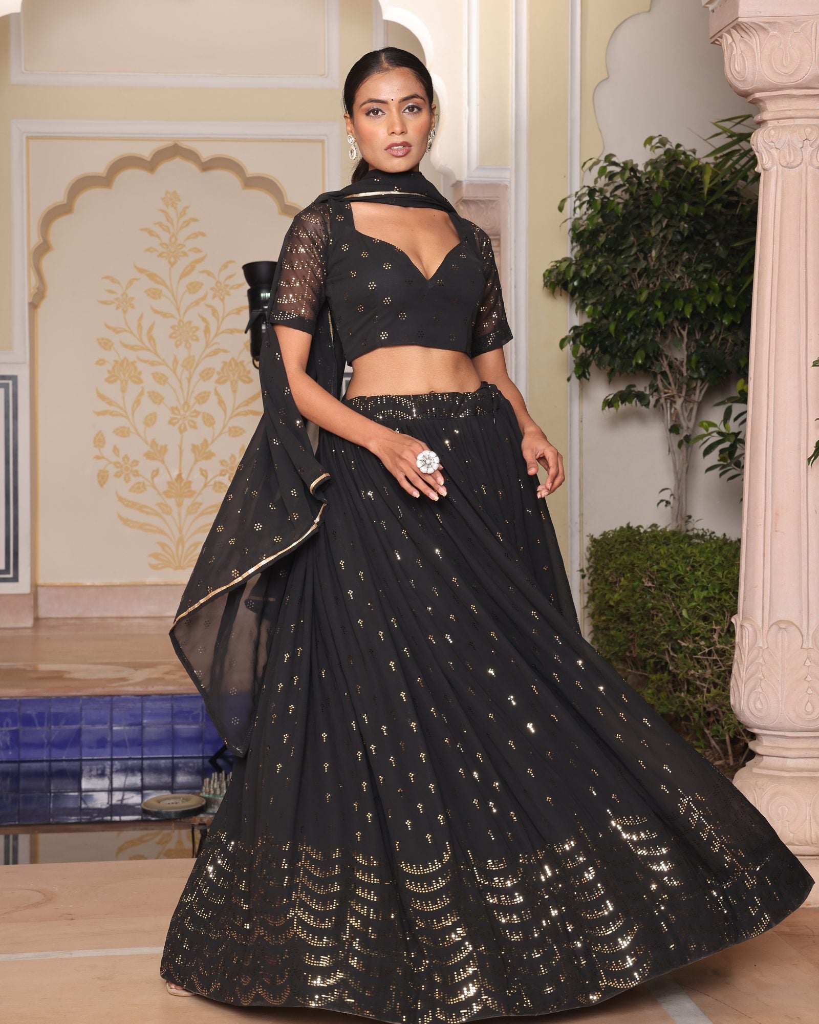 Black Foil Printed Festive Wear Semi-Stitched Georgette Lehenga Set