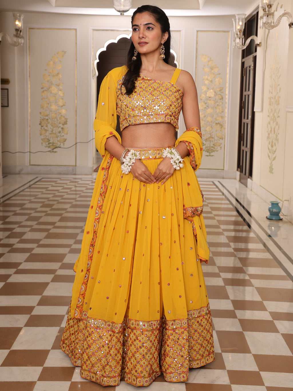 Mustard Yellow Mirror & Thread Embroidered Festive & Wedding Wear Semi-Stitched One-Shoulder Georgette Lehenga Set