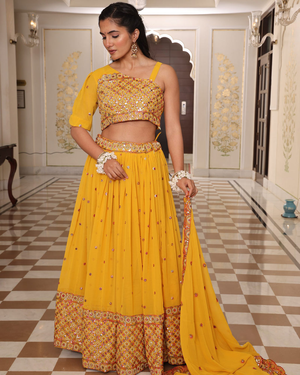 Mustard Yellow Mirror & Thread Embroidered Festive & Wedding Wear Semi-Stitched One-Shoulder Georgette Lehenga Set