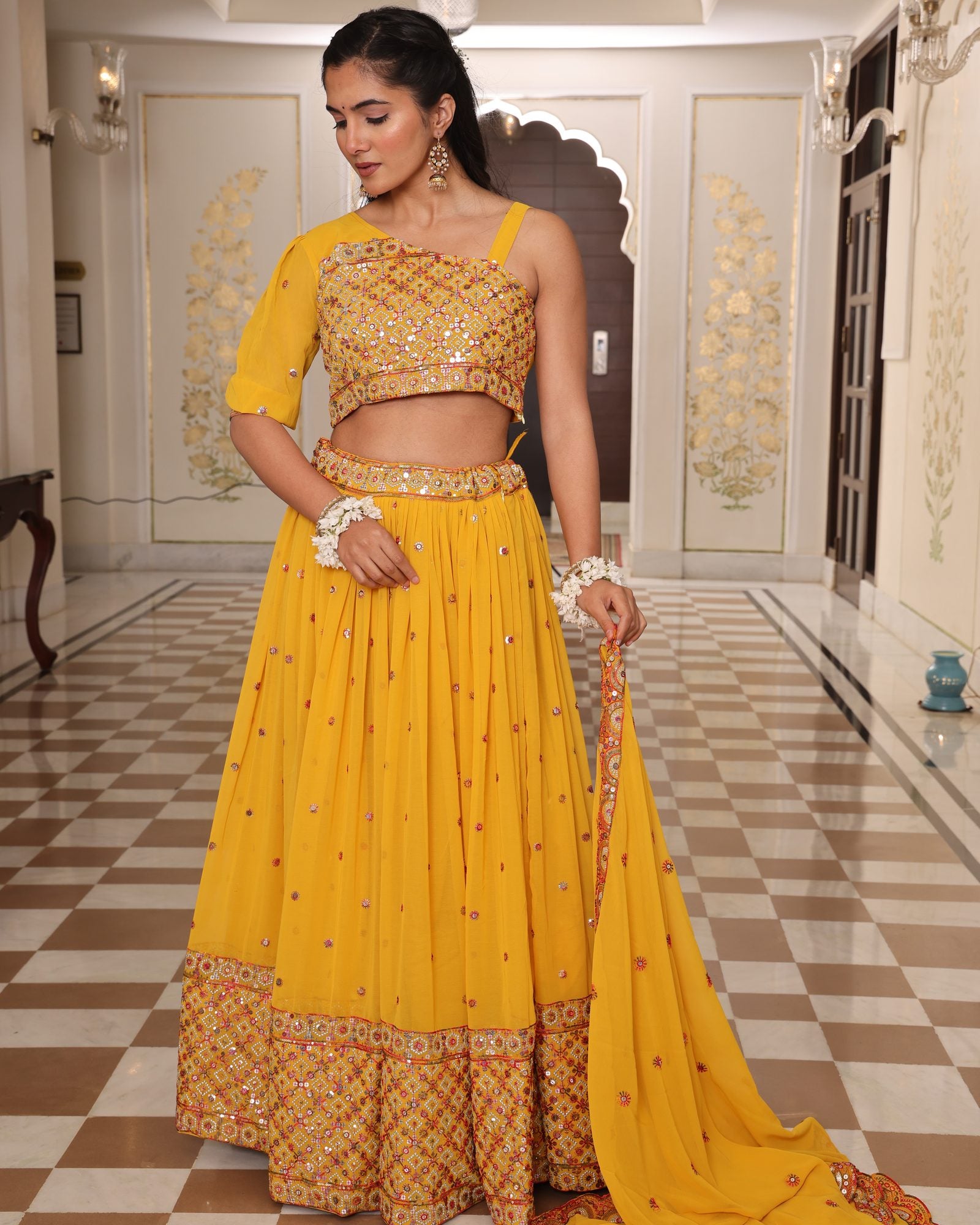 Mustard Yellow Mirror & Thread Embroidered Festive & Wedding Wear Semi-Stitched One-Shoulder Georgette Lehenga Set