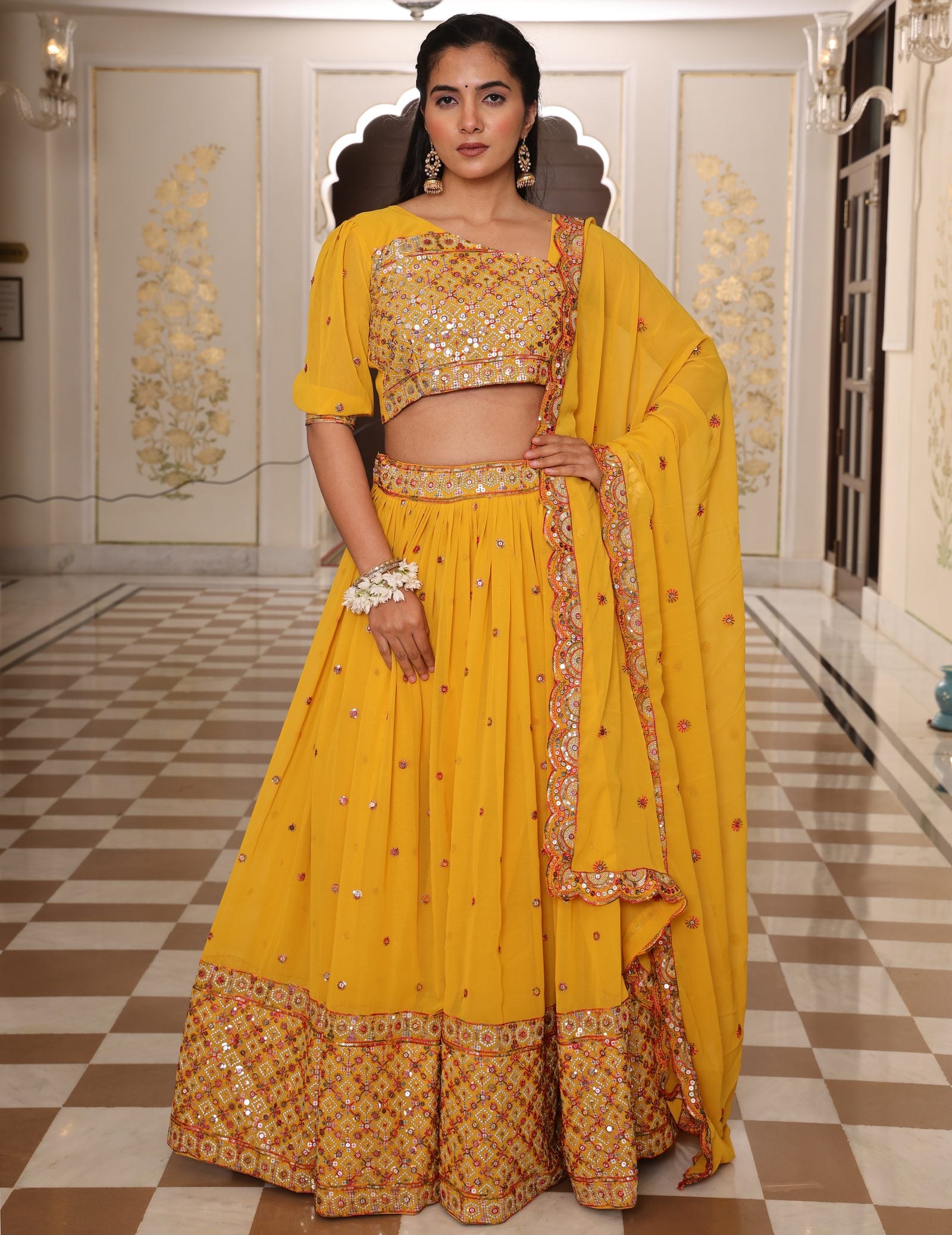 Mustard Yellow Mirror & Thread Embroidered Festive & Wedding Wear Semi-Stitched One-Shoulder Georgette Lehenga Set
