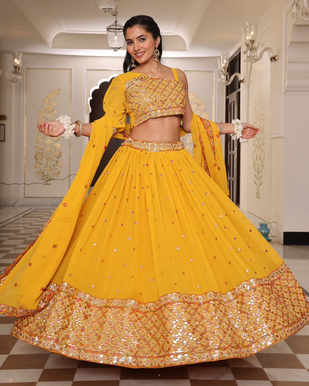 Mustard Yellow Mirror & Thread Embroidered Festive & Wedding Wear Semi-Stitched One-Shoulder Georgette Lehenga Set