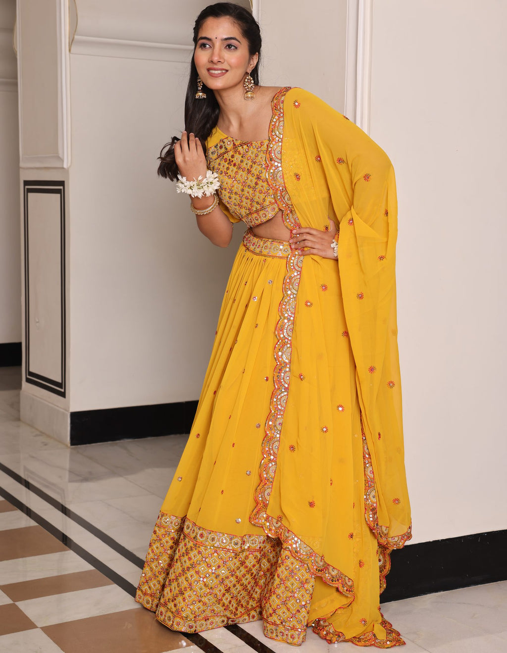 Mustard Yellow Mirror & Thread Embroidered Festive & Wedding Wear Semi-Stitched One-Shoulder Georgette Lehenga Set