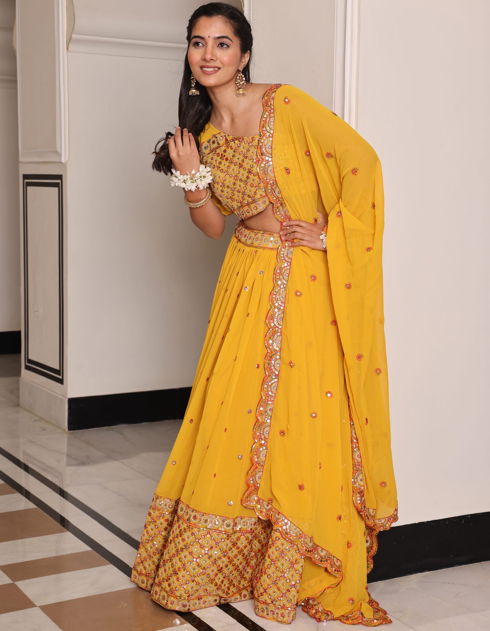 Mustard Yellow Mirror & Thread Embroidered Festive & Wedding Wear Semi-Stitched One-Shoulder Georgette Lehenga Set