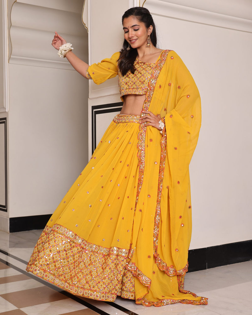 Mustard Yellow Mirror & Thread Embroidered Festive & Wedding Wear Semi-Stitched One-Shoulder Georgette Lehenga Set