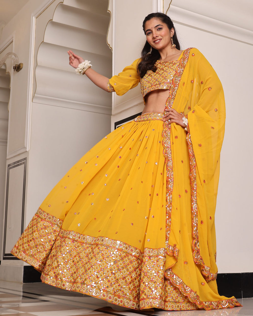 Mustard Yellow Mirror & Thread Embroidered Festive & Wedding Wear Semi-Stitched One-Shoulder Georgette Lehenga Set