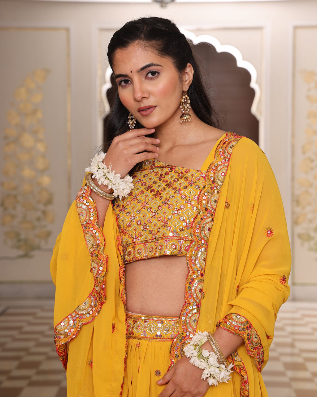 Mustard Yellow Mirror & Thread Embroidered Festive & Wedding Wear Semi-Stitched One-Shoulder Georgette Lehenga Set